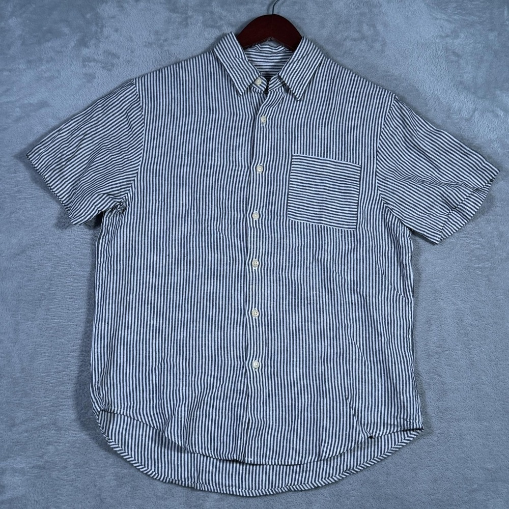 Alex Crane Shirt Mens M Blue Stripe Linen Short Sleeve Pocket Button Up